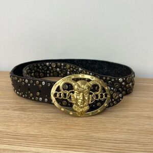Vintage Lucky Brand Studded Buckle Pendantnt Aries Star Sign Leather Belt